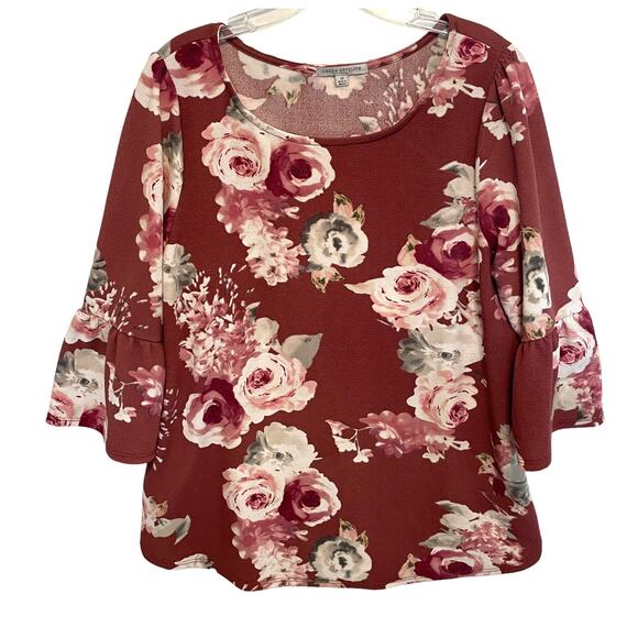 Green Envelope Mauve Floral Top Women's Size 1X  Bell Sleeve Boho Feminine - Picture 1 of 7